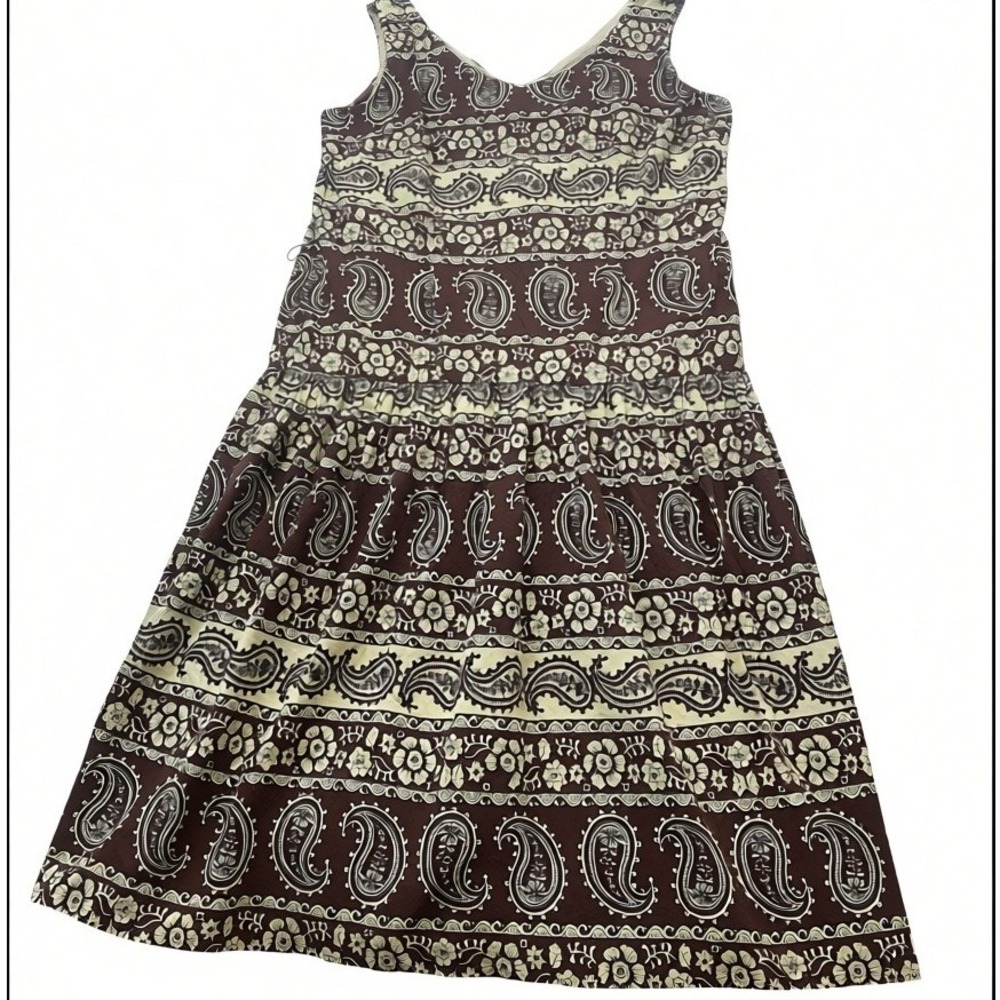 Dressbarn Womens 12 Brown Paisley Floral Cotton V-Neck Sleeveless Dress #300K - Picture 2 of 7